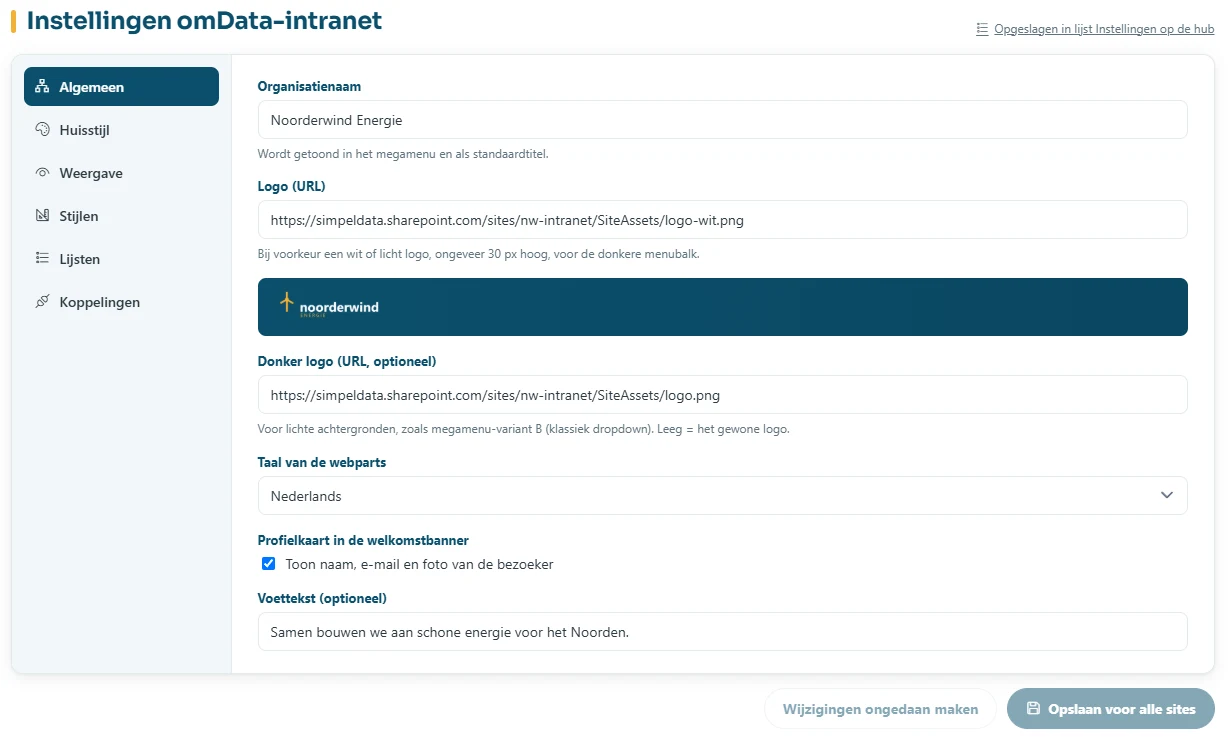 Instellingen omHub, tabblad Algemeen
